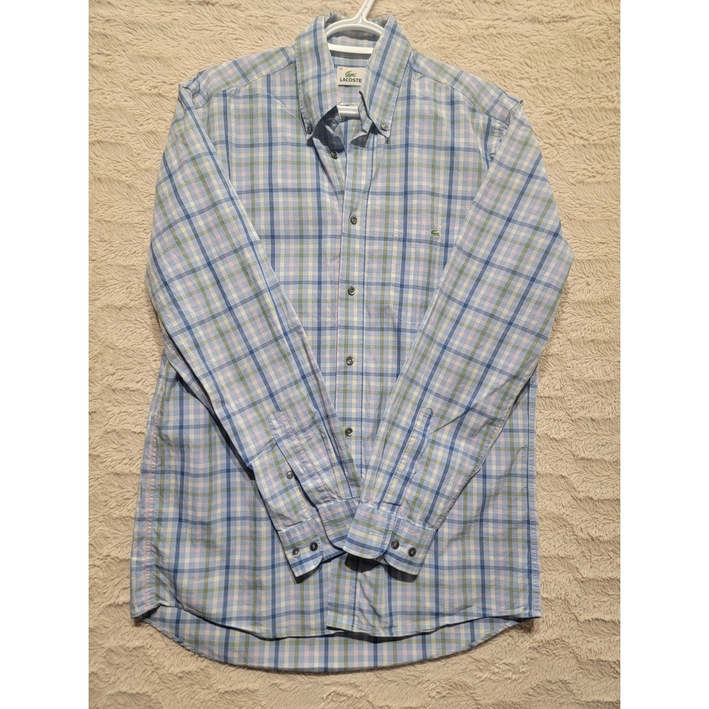 Lacoste Mens Plaid Button Down Shirt Blue Green Pink Cotton Size 39 F5182